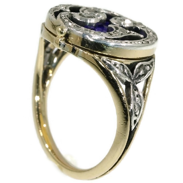 Victorian poison ring with blue enamel and rose cut diamonds with hidden place (image 5 of 18)